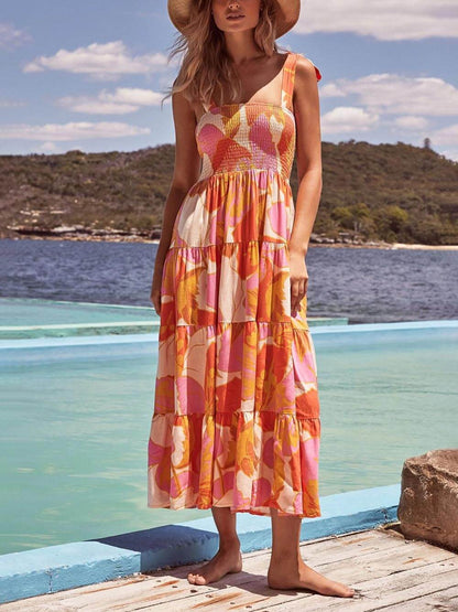 Sleeveless, pleated, stretch cami dress with Sea Charm print on the chest