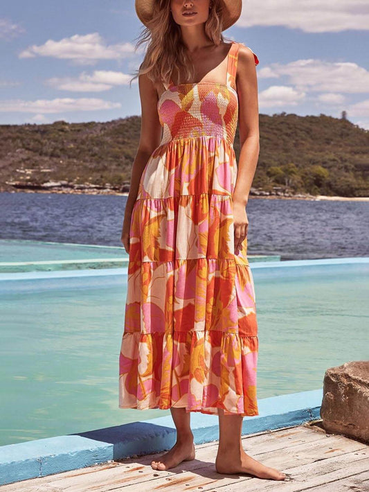 Sleeveless, pleated, stretch cami dress with Sea Charm print on the chest