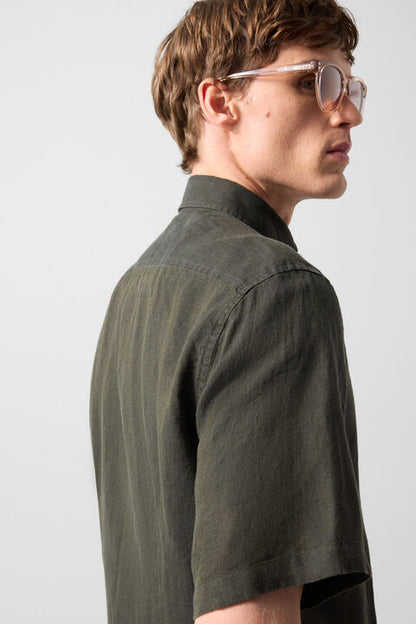 Linen Short-Sleeved Shirt Lykos In Olive Green