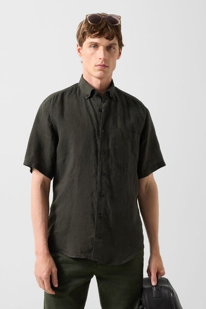 Linen Short-Sleeved Shirt Lykos In Olive Green
