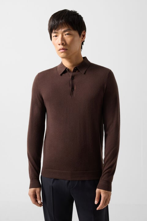 Knitted Polo Long-Sleeved Top Jake In Dark Brown