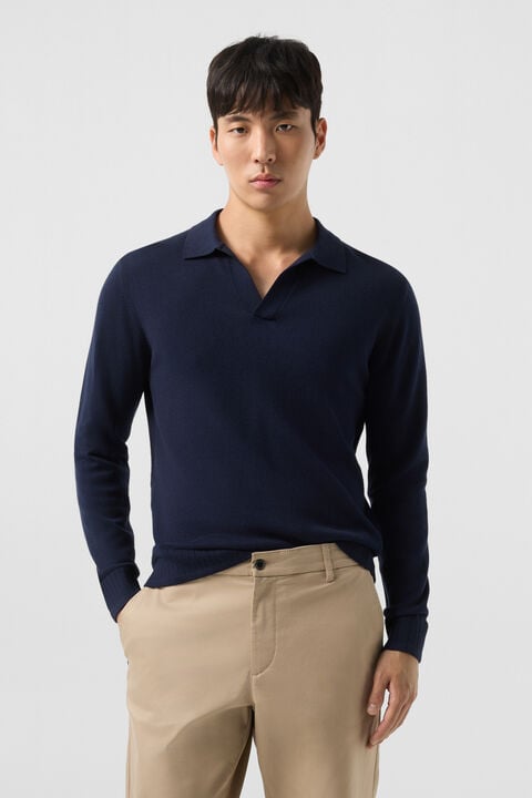 Garry Knitted Polo Long-Sleeved Top In Navy Blue