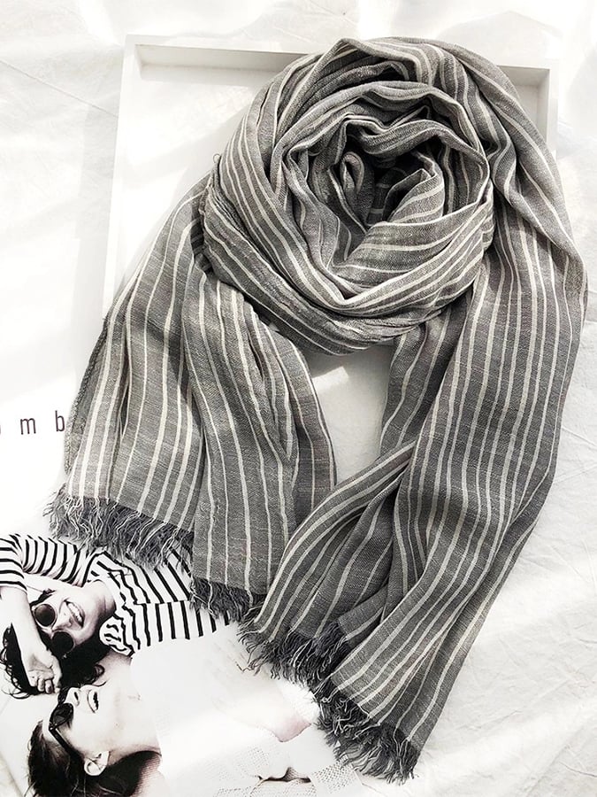 Women's Casual Striped Cotton and Linen Scarf