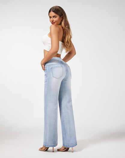 roswear Women's Wide Leg Jeans Casual High Waisted Stretch Baggy Loose Denim Pants