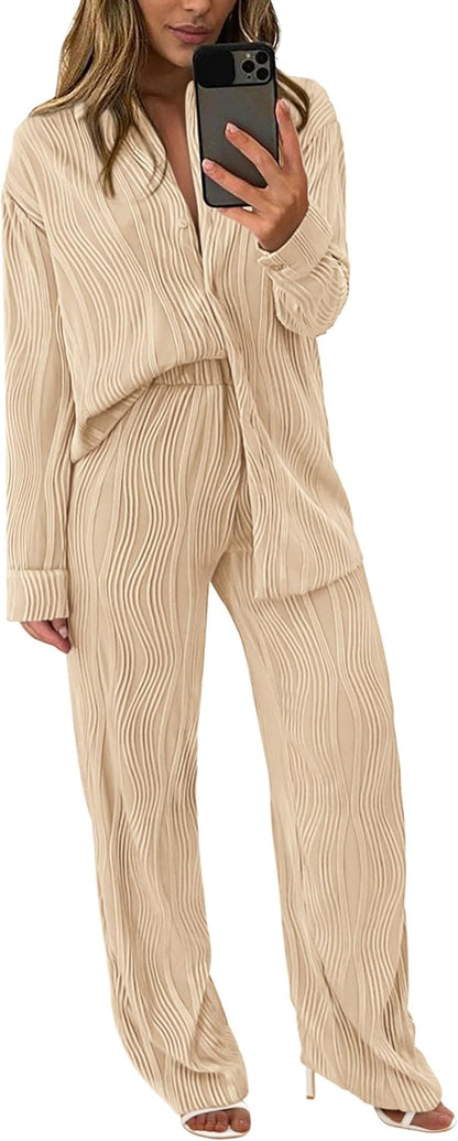 Women's 2 Piece Textured Sets Casual Button Down Shirt Wide Leg Pants Outfit Loungewear Tracksuit