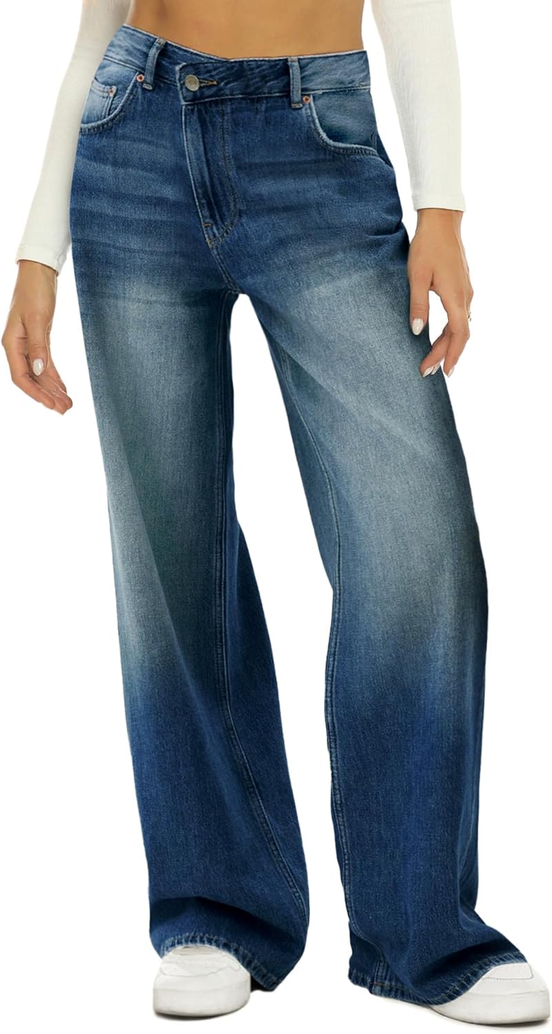 HDLTE Women Wide Leg Jeans High Waist Baggy Jeans Loose Boyfriend Jeans Denim Pants Y2K