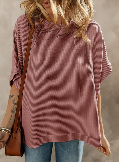 Dokotoo Women's Casual Oversized Short Sleeve Solid Color Loose Texture Knit Tunic Tops Blouses