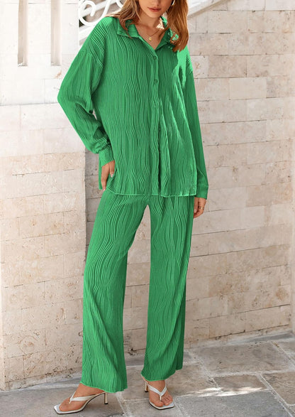 Women's 2 Piece Textured Sets Casual Button Down Shirt Wide Leg Pants Outfit Loungewear Tracksuit