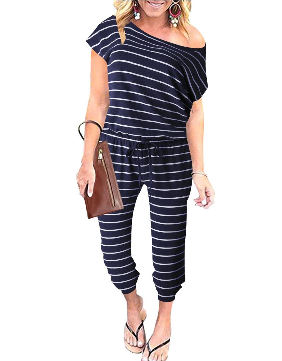 ANRABESS Casual Off Shoulder Elastic Waist Stretchy Long Romper Jumpsuit