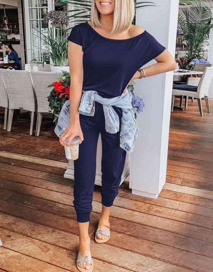 ANRABESS Casual Off Shoulder Elastic Waist Stretchy Long Romper Jumpsuit