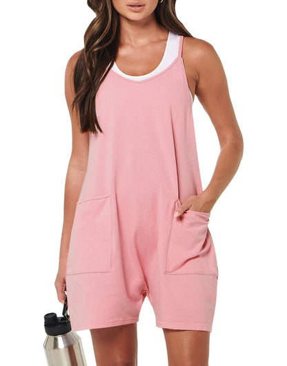 Anrabess Casual Rompers Loose Spaghetti Strap Shorts Jumpsuit with Pockets