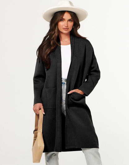 ANRABESS Women's 2023 Fall Cardigan Sweater Long Sleeve Open Front Lapel Coat Casual Knit Coatigan Jacket with Pockets