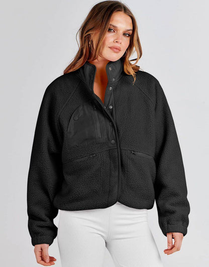ANRABESS Womens Fleece Jacket Button Down Shacket Casual Sherpa Cropped Coats Warm Outwear with Pockets