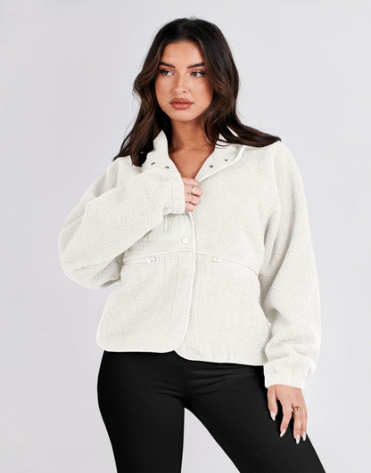 ANRABESS Womens Fleece Jacket Button Down Shacket Casual Sherpa Cropped Coats Warm Outwear with Pockets