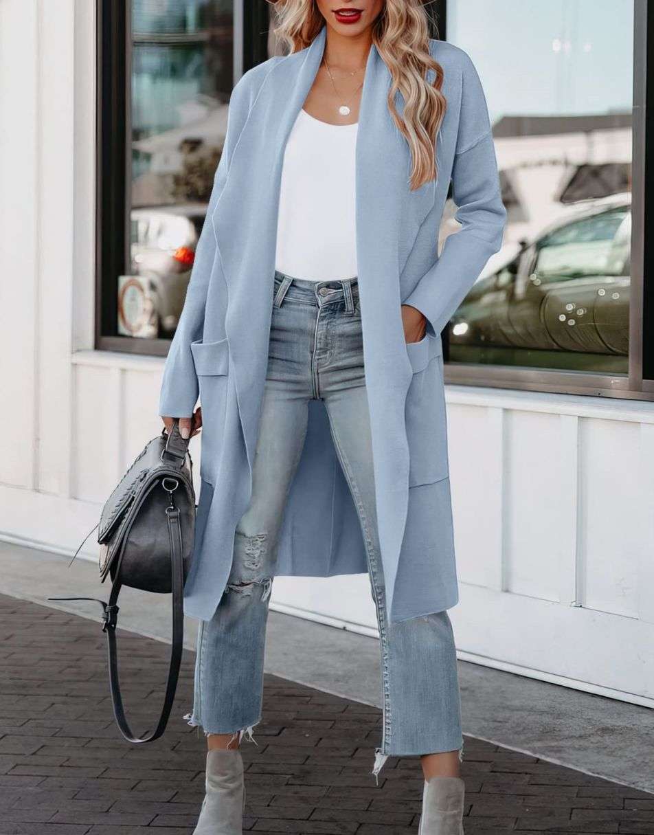ANRABESS Women's Casual Long Sleeve Draped Open Front Knit Pockets Long Cardigan Jackets Sweater