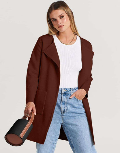 ANRABESS Women's Open Front Knit Cardigan Long Sleeve Lapel Casual Solid Classy Sweater Jacket