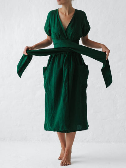 Linen Solid Lace Up Dress