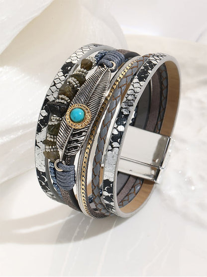 Women's Vintage Bohemian Feather Turquoise Magnet Clasp Bracelet