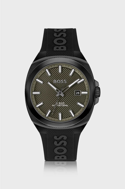 SILICONE-LOGO-STRAP WATCH WITH OLIVE GUILLOCHE DIAL